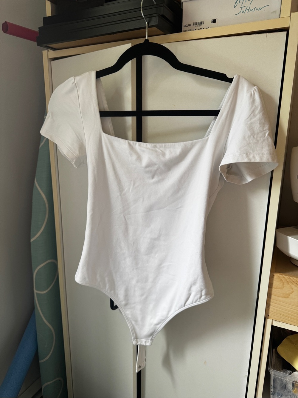 Babaton White Square-Neck Short Sleeve Bodysuit